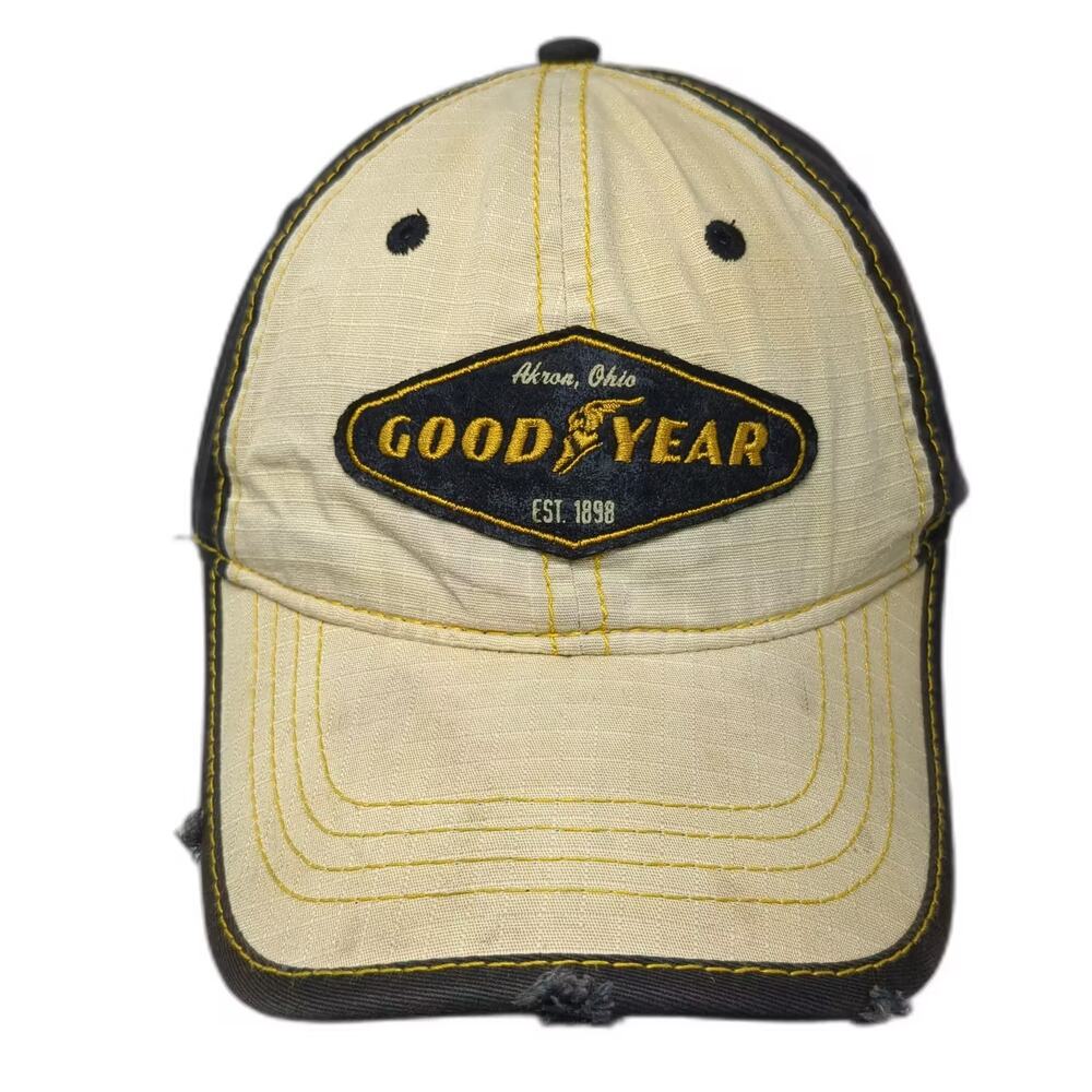 Goodyear Baseball Cap Beige Black Strapback OS Distressed Embroidered Akron Hat